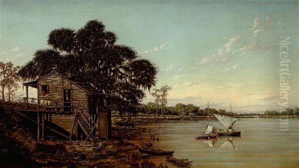 Laundry Day On Lake Pontchartrain Near Mouth Of Tchefunete River With Steamboat In The Distance Oil Painting by Marshall Joseph Smith Jr.