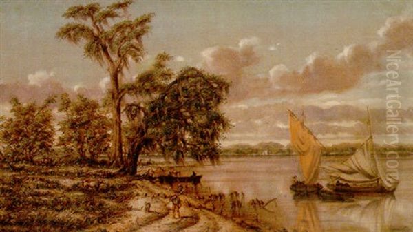 Louisiana Shorescape With Boats, Figures And Cattle Oil Painting by Marshall Joseph Smith Jr.