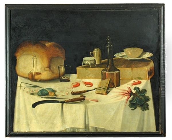 Still Life Of A Loaf, Prawns, Radishes And A Large Cheese Oil Painting by George Smith of Chichester