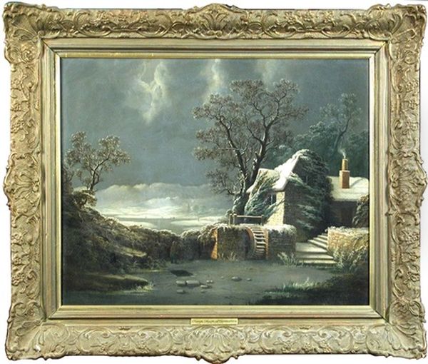 Watermill On A River In The Snow Oil Painting by George Smith of Chichester