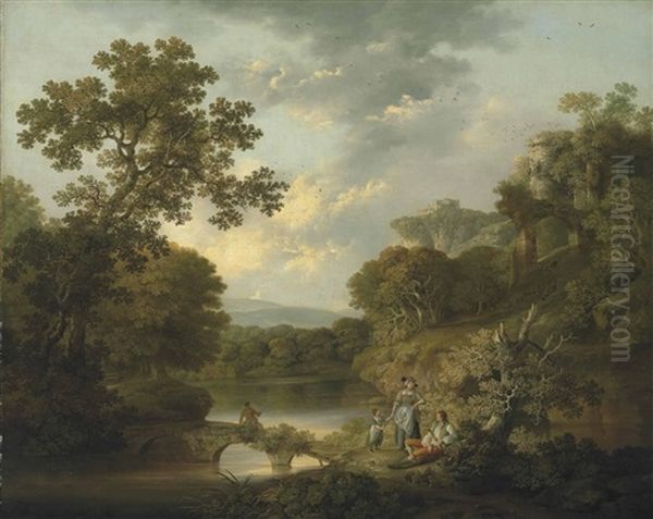 A Wooded River Landscape With An Angler On A Bridge And Figures Resting On The Bank, Ruins On The Hills Beyond Oil Painting by George Smith of Chichester