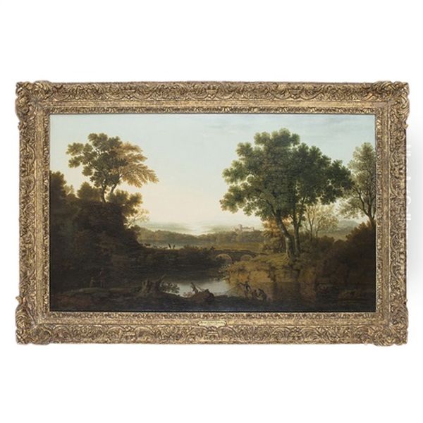 A Classical River Landscape With Fishermen And Nets Oil Painting by George Smith of Chichester