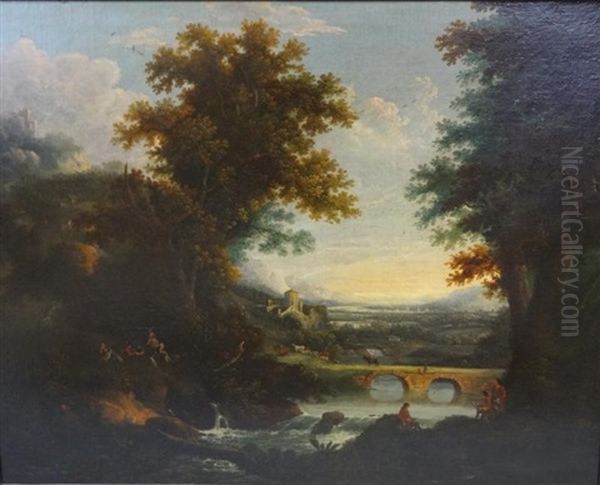 Paysage Italien Avec Artistes Pres De La Riviere Oil Painting by George Smith of Chichester