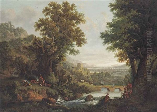 An Extensive River Landscape With Artists Sketching In The Foreground, Drovers And Their Herd By A Bridge, A Settlement Beyond Oil Painting by George Smith of Chichester