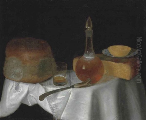 Cheese, Bread, A Glass Of Beer And A Decanter Of Wine On A Draped Table Oil Painting by George Smith of Chichester