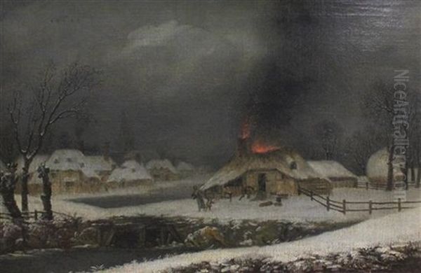 Winter Landscape With Cottage On Fire Oil Painting by George Smith of Chichester