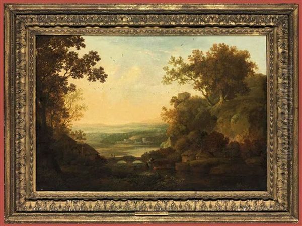 A Capriccio River Landscape With Figures Fishing, The Temple Of Vesta On A Hill Beyond Oil Painting by George Smith of Chichester