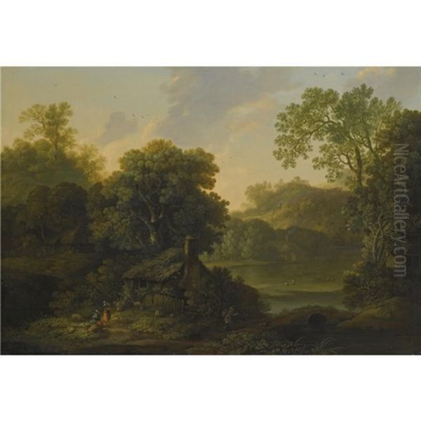 A Wooded Landscape With A Cottage And Figures By A Path Oil Painting by George Smith of Chichester