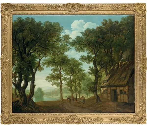 A Wooded River Landscape With A Traveler And His Mule By A Cottage Oil Painting by George Smith of Chichester