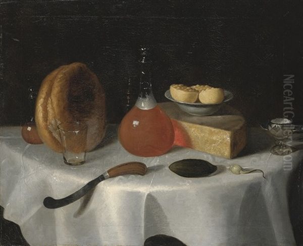 A Loaf Of Bread, A Flask Of Ale, A Wedge Of Cheese, A Knife And A Pickle On A Table by George Smith of Chichester