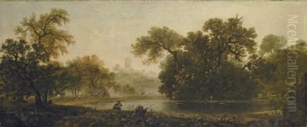 River Landscape With A Cathedral In The Distance Oil Painting by George Smith of Chichester