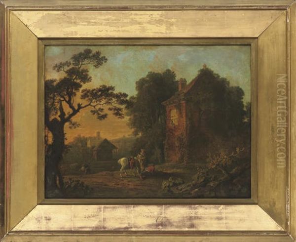 A Rural Village With Figures By A Cottage At Sunset Oil Painting by George Smith of Chichester