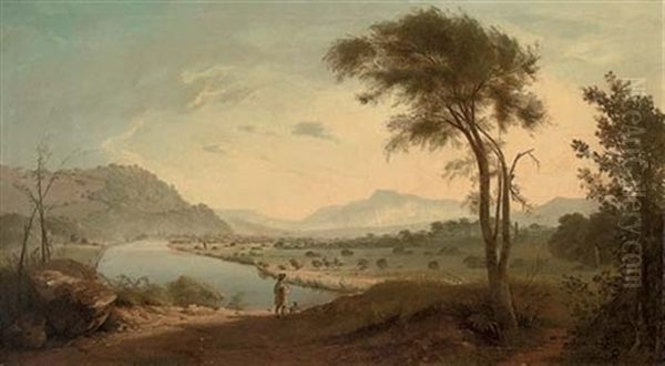 View Of The Valley Of The Lune, With The Lune River, Lancaster, And A Figure With His Dog In The Foreground Oil Painting by George Smith of Chichester