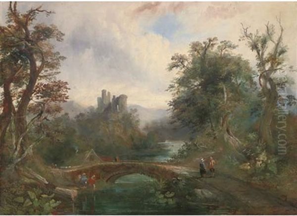 Figures By A Bridge With Hilltop Ruin Beyond Oil Painting by George Smith of Chichester