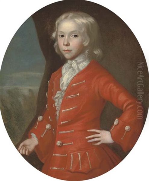 Portrait Of A Boy, Charles, 3rd Duke Of Richmond (?), Three-quarter-length, In A Red Coat And White Cravat, A Landscape Beyond Oil Painting by George Smith of Chichester