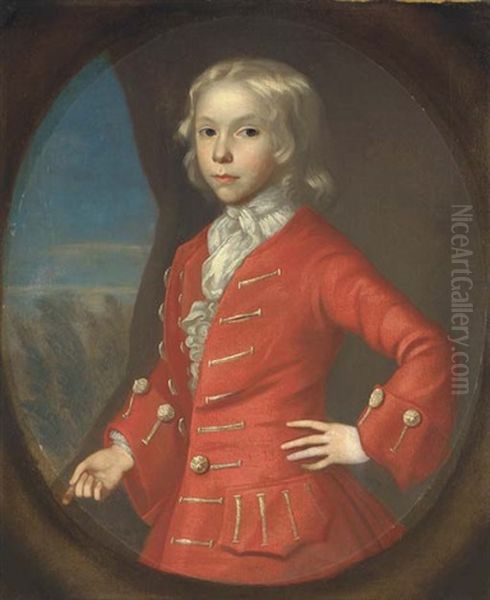 Portrait Of A Boy (charles, 3rd Duke Of Richmond?) In A Red Coat And White Cravat, A Landscape Beyond Oil Painting by George Smith of Chichester