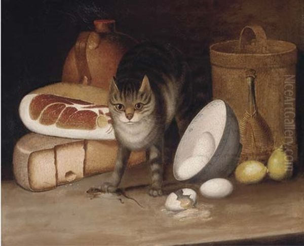 Ham, Cheese, Eggs, Lemons, With A Captured Mouse And Cat Oil Painting by George Smith of Chichester