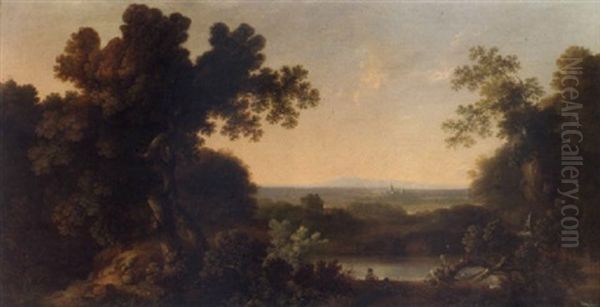 A Wooded Landscape With Children Resting Beside A Lake In The Foreground, A View Of Chichester Beyond Oil Painting by George Smith of Chichester