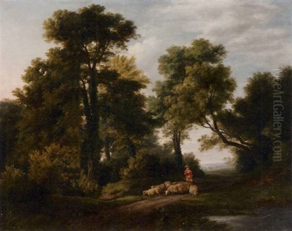 A Wooded Landscape With Shepherd And Flock Oil Painting by George Smith of Chichester