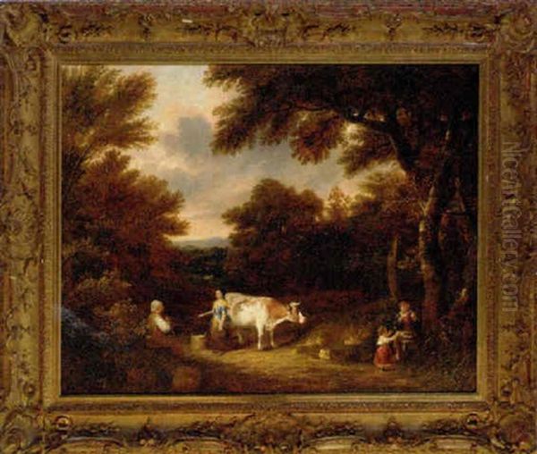 A Milkmaid Conversing On A Wooded Track Oil Painting by George Smith of Chichester