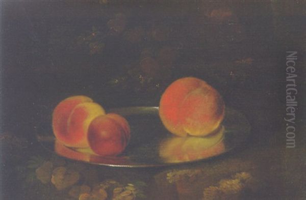 Peaches And A Plum On A Silver Dish Oil Painting by George Smith of Chichester