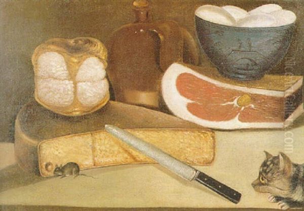 A Kitchen Still Life With A Cat Watching A Mouse At A Cheese Oil Painting by George Smith of Chichester