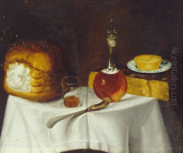 Bread, Beer, Cheese And A Knife On A Draped Table Oil Painting by George Smith of Chichester