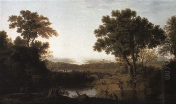 Classical River Landscape With Fishermen In The Foreground Oil Painting by George Smith of Chichester