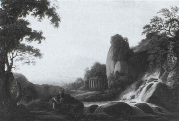 Italianate Landscape With Figures By A Waterfall Oil Painting by George Smith of Chichester