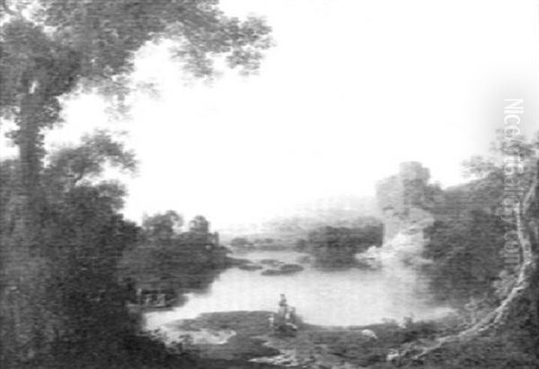 Landscape With Figures On A Lake Oil Painting by George Smith of Chichester