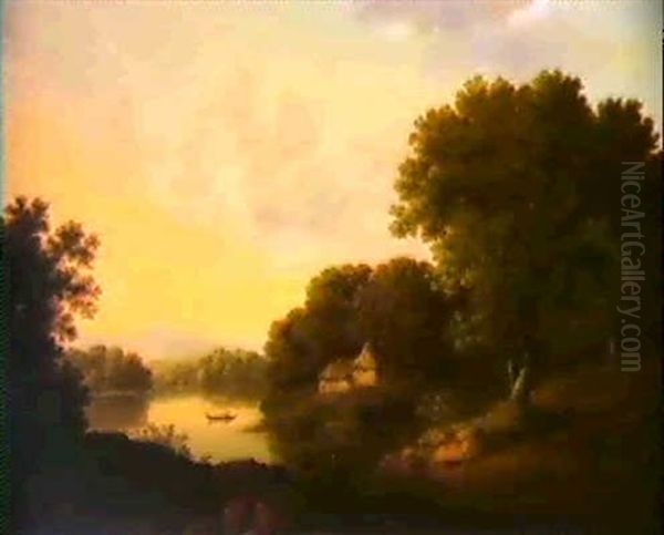 River Landscape With Fishermen And Distant Mountains Oil Painting by George Smith of Chichester