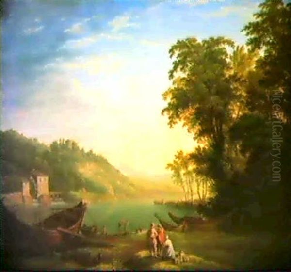 An Italianate River Landscape With Figures... [&]  An Italianate River Landscape With A Shepherd... Oil Painting by George Smith of Chichester