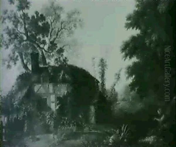 Figures In A Garden, A Thatched House Beyond by George Smith of Chichester