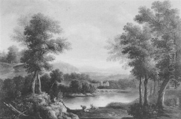 Romantic River Landscape With Figures And Cattle Oil Painting by John Smith the Younger