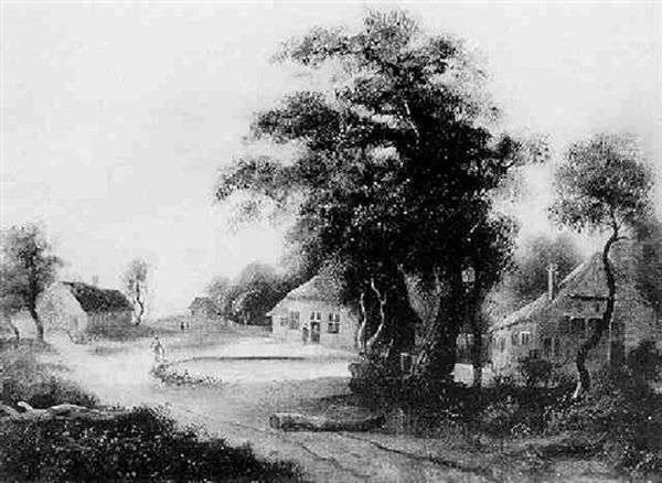 Figures Before Cottages And A Pond In A Wooded Landscape Oil Painting by John Smith the Younger