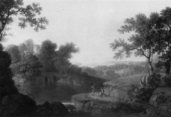 River Landscape With Travellers Resting Oil Painting by John Smith the Younger