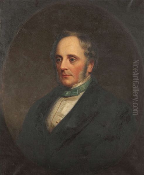 Portrait Of Sir Benjamin Lee Guinness Half Length, Wearing A Black Coat And Blue Bow Tie, In A Feigned Oval And Portrait Of Elizabeth Guinness, Wife Of Benjamin Lee Guinness Half Length,seated In Black Dress With A Black Mantilla (2 Works) Oil Painting by Stephen Catterson Smith the Younger