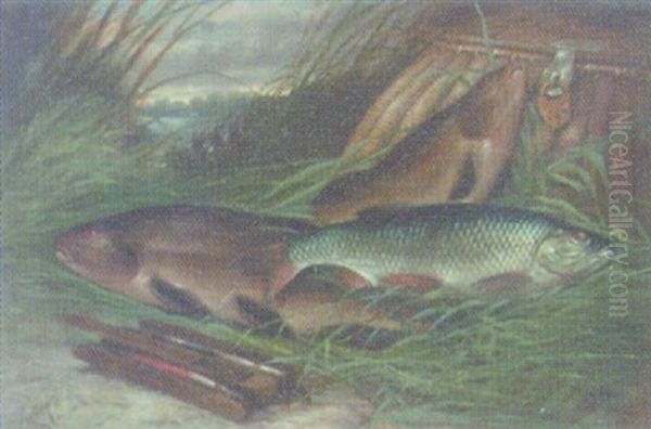 A Pair Of Tench And A Roach With Creel On A Reeded Bank by A. Harold Smith