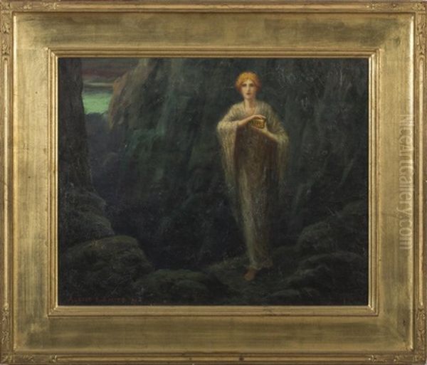 Mystical Woman Standing On A Rocky Coast Oil Painting by Albert E. Smith