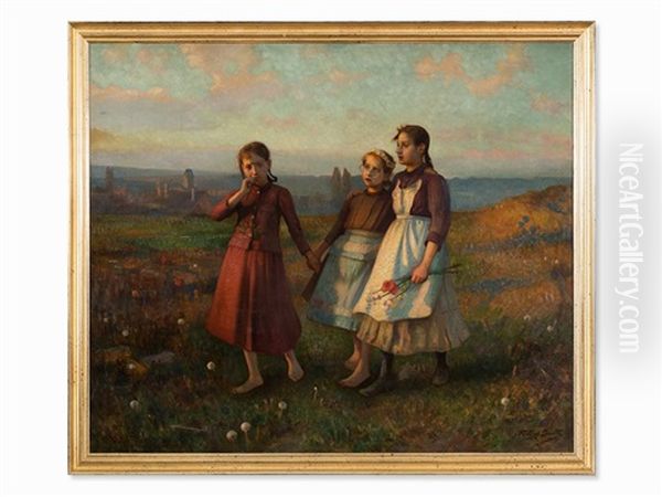 Girls In The Meadow Oil Painting by Carl Frithjof Smith