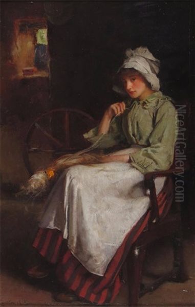 A Seated Girl Spinning Oil Painting by Carlton Alfred Smith