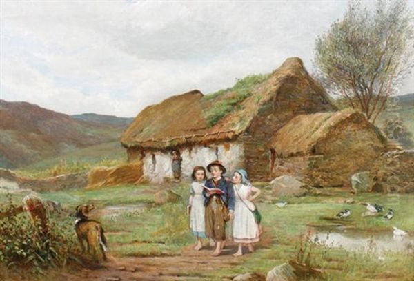 Children Reading Outside Cottage Oil Painting by Carlton Alfred Smith