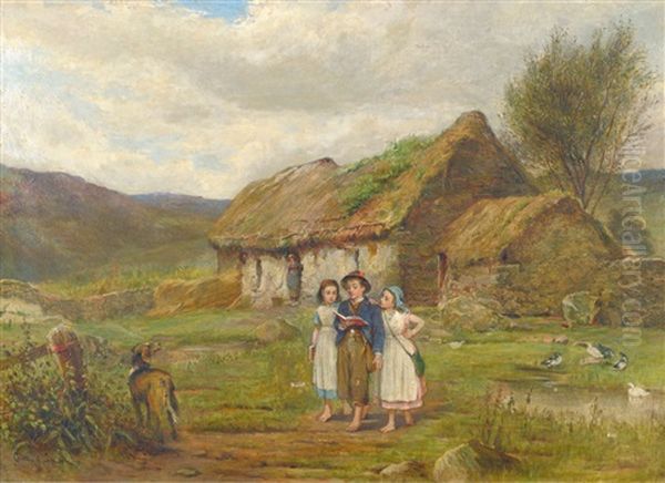 Three Children And A Dog Beside A Scottish Croft Oil Painting by Carlton Alfred Smith