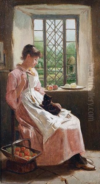 A Young Woman And Her Cat Seated By A Window Oil Painting by Carlton Alfred Smith