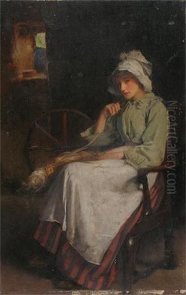 A Girl Working At A Loom In A Cottage Interior Oil Painting by Carlton Alfred Smith