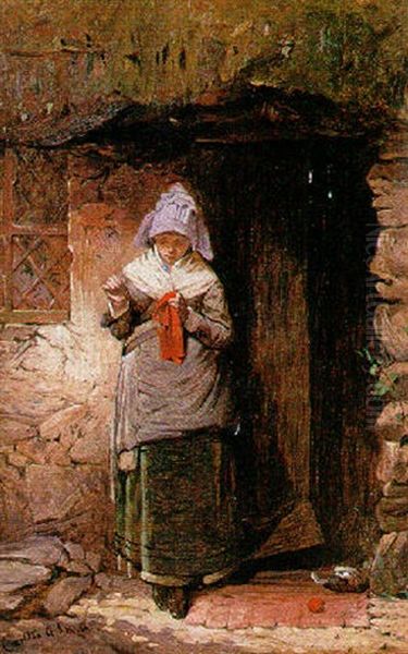 Jeune Fille Brodant A L'entree De La Chaumiere Oil Painting by Carlton Alfred Smith