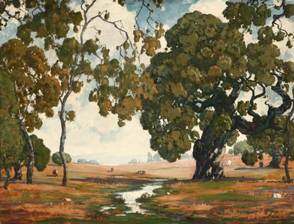 Oak Trees In A Landscape With Grazing Cattle Oil Painting by Charles L.A. Smith