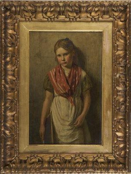 Portrait Of A Schoolgirl Carrying A Slate Tablet, Three-quarter Length Oil Painting by Frank Bramley