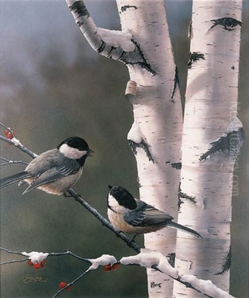 Chickadees By A Silver Birch Tree, Winter Oil Painting by Daniel Smith