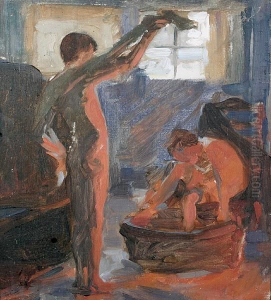 Study Of Boys Bathing By A Fire Oil Painting by Frank Bramley